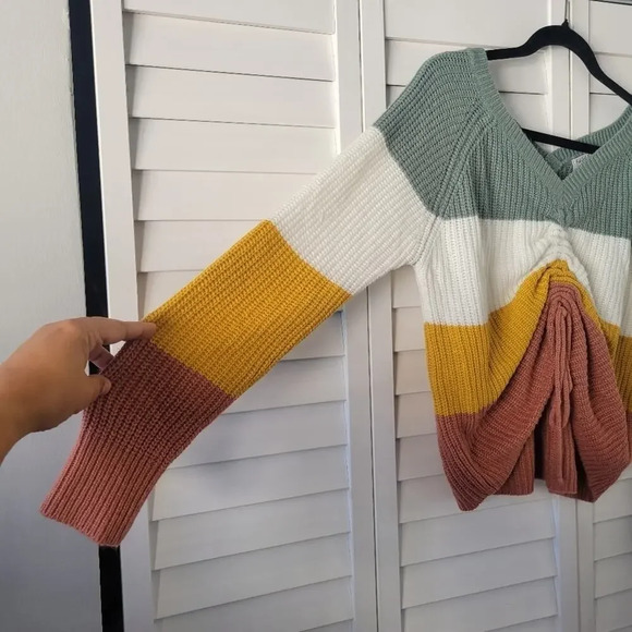 Full Circle Trends Sage Mustard Rust Stripe Knit Sweater L‎ Adjustable Tie Fall - Picture 2 of 8